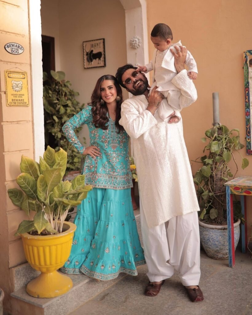 Iqra Aziz with her husband and son